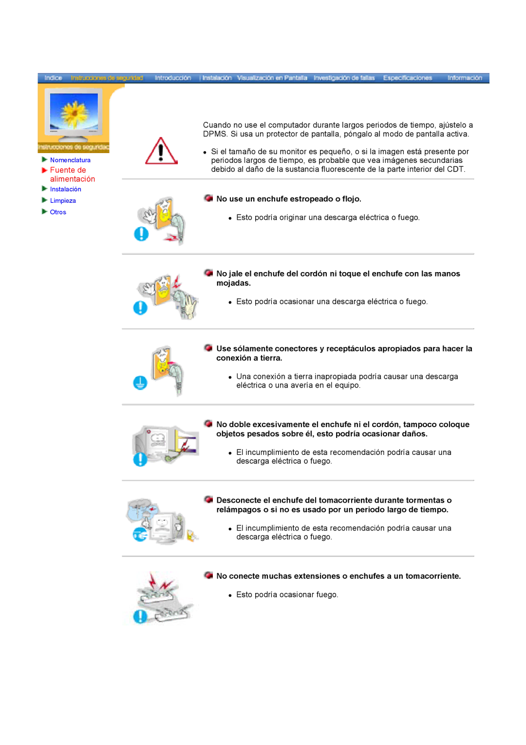 Samsung 793V, 997DF, 793S, 797DF, 793MB, 795DF, 795MB, 783DF, 591S Fuente de alimentación, No use un enchufe estropeado o flojo 