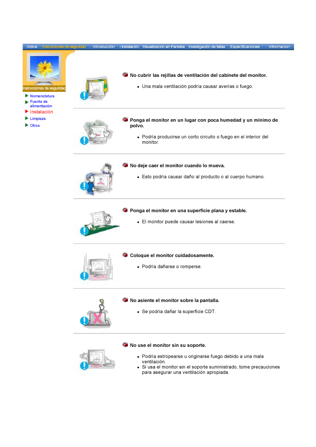 Samsung 795DF, 997DF, 793S, 793V No deje caer el monitor cuando lo mueva, Ponga el monitor en una superficie plana y estable 