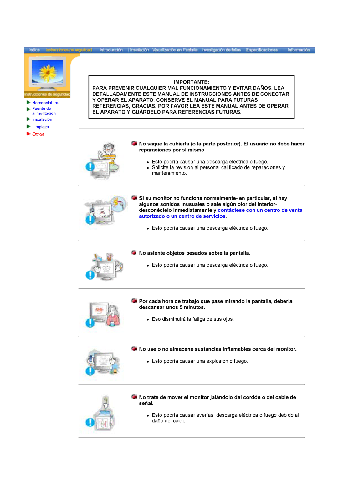 Samsung 783DF, 997DF, 793S, 797DF, 793MB, 793V, 795DF, 795MB, 591S, 591v, 793DF Otros, No asiente objetos pesados sobre la pantalla 