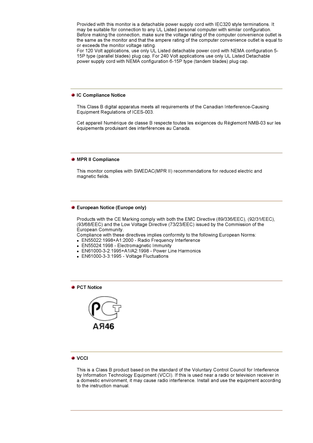 Samsung 793V, 997DF, 793S, 797DF, 793MB, 591S IC Compliance Notice, MPR II Compliance, European Notice Europe only, PCT Notice 