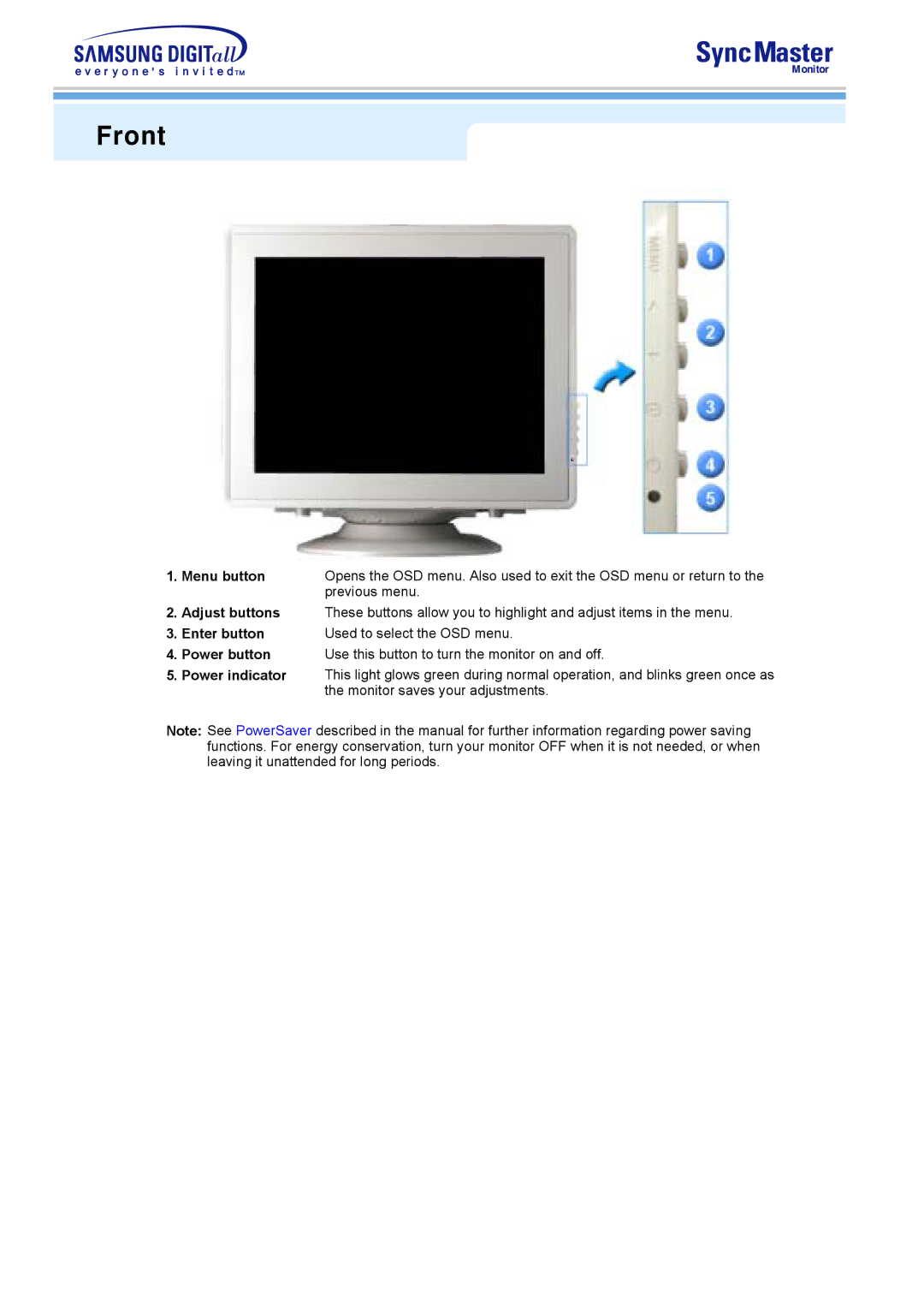 Samsung 797DF, 997DF, 793S, 793MB, 795DF, 795MB, 591S Front, Menu button, Enter button Used to select the OSD menu Power button 