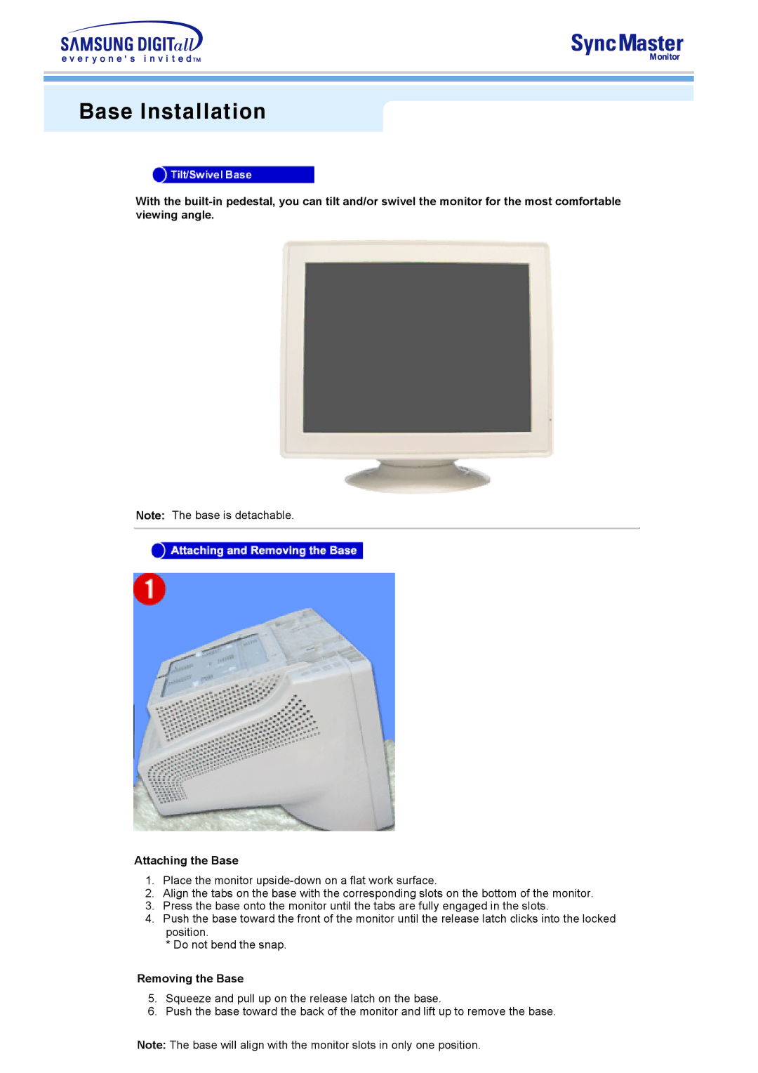 Samsung 795MB, 997DF, 793S, 797DF, 793MB, 795DF, 591S, 793DF manual Base Installation, Removing the Base 