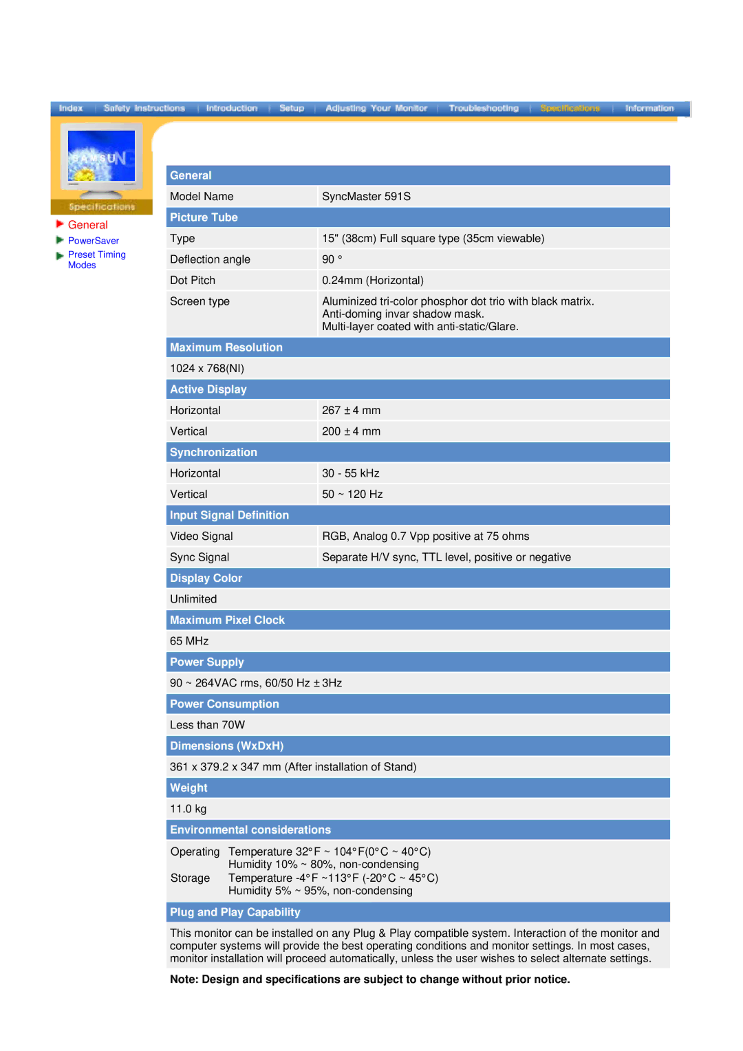 Samsung 997DF, 793S, 797DF, 793MB, 795DF, 795MB, 793DF manual Model Name SyncMaster 591S 