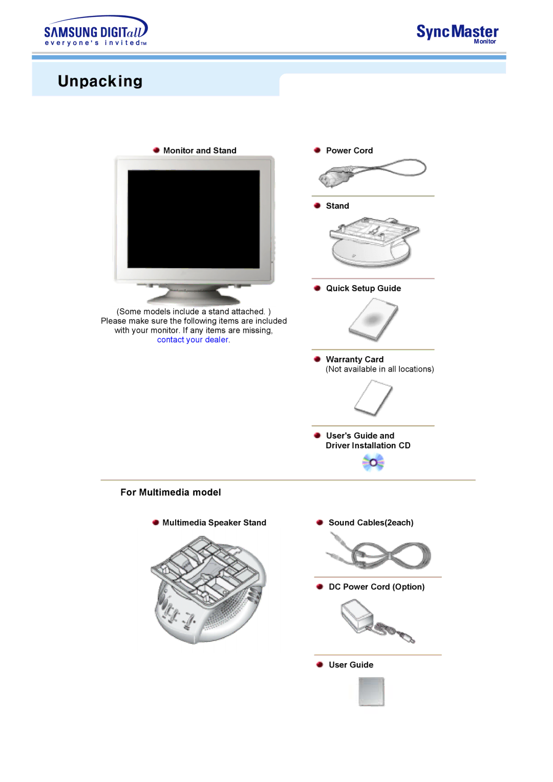 Samsung 793S Unpacking, Monitor and Stand Power Cord Quick Setup Guide, Warranty Card, Users Guide Driver Installation CD 