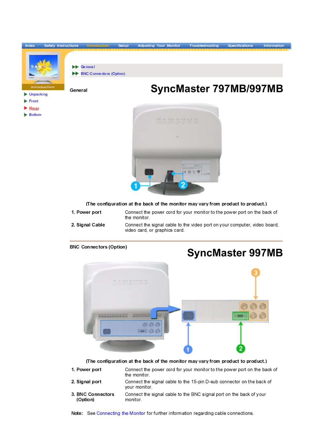 Samsung 997MB, 797MB manual General, Power port, Monitor, Signal Cable, Video card, or graphics card, BNC Connectors Option 