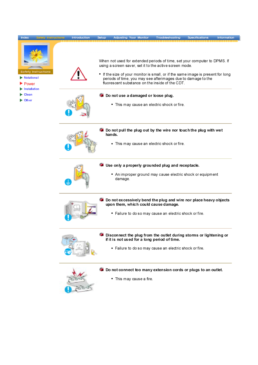 Samsung 997MB, 797MB manual Do not use a damaged or loose plug, Use only a properly grounded plug and receptacle 