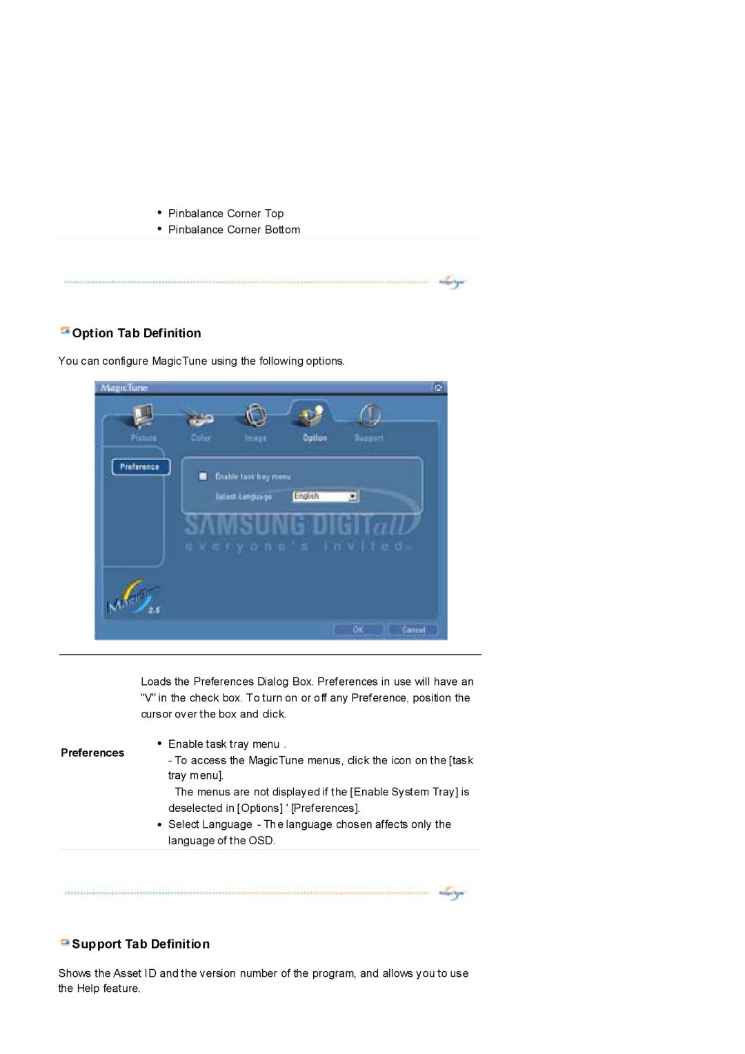 Samsung 797MB, 997MB manual Option Tab Definition, Preferences 