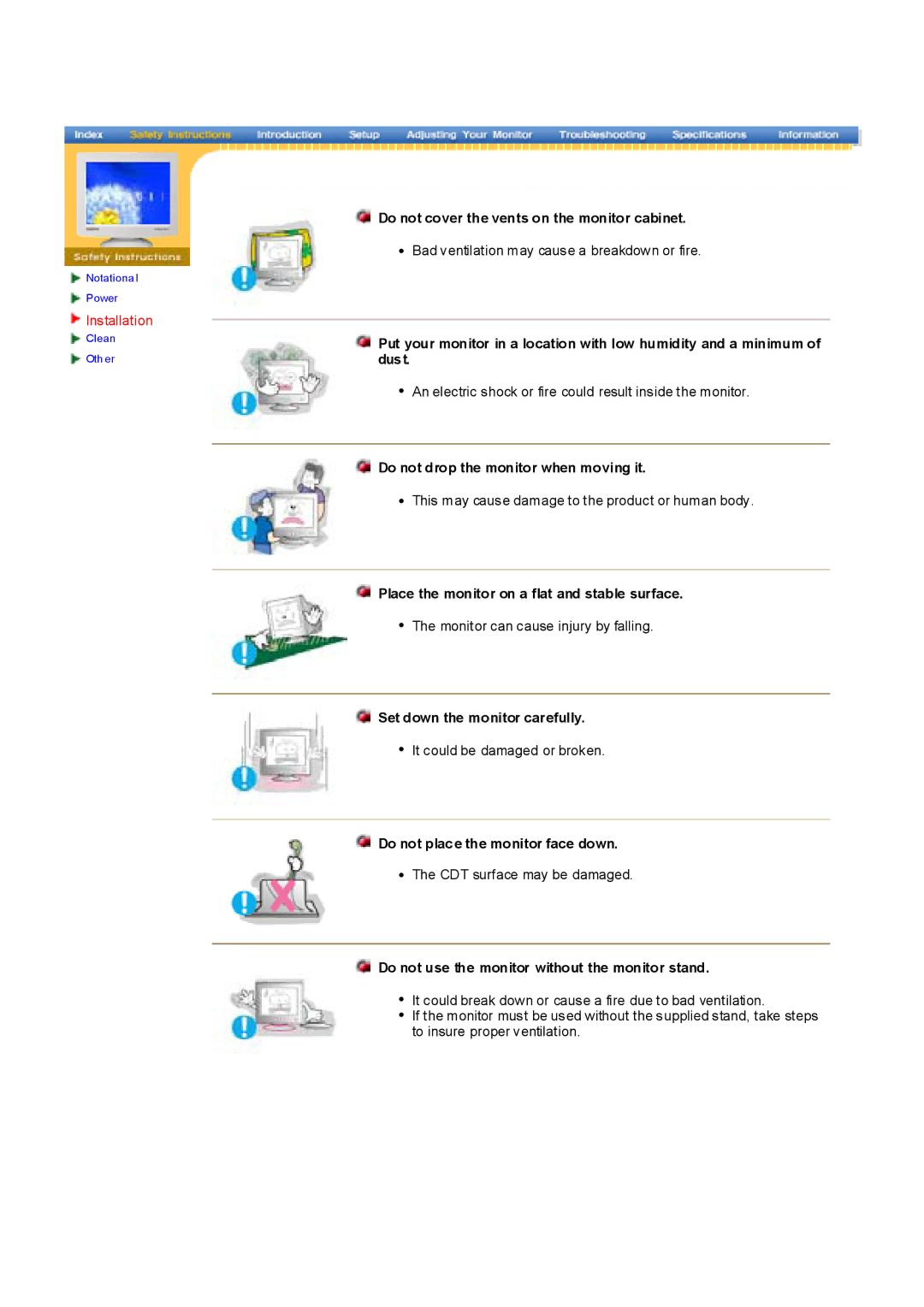 Samsung 797MB, 997MB manual Do not cover the vents on the monitor cabinet, Do not drop the monitor when moving it 