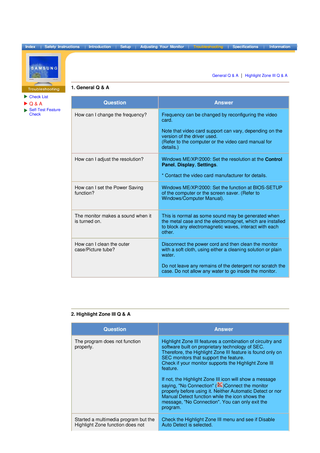 Samsung 997MB, 797MB manual General Q & a, Panel , Display , Settings, Highlight Zone III Q & a 