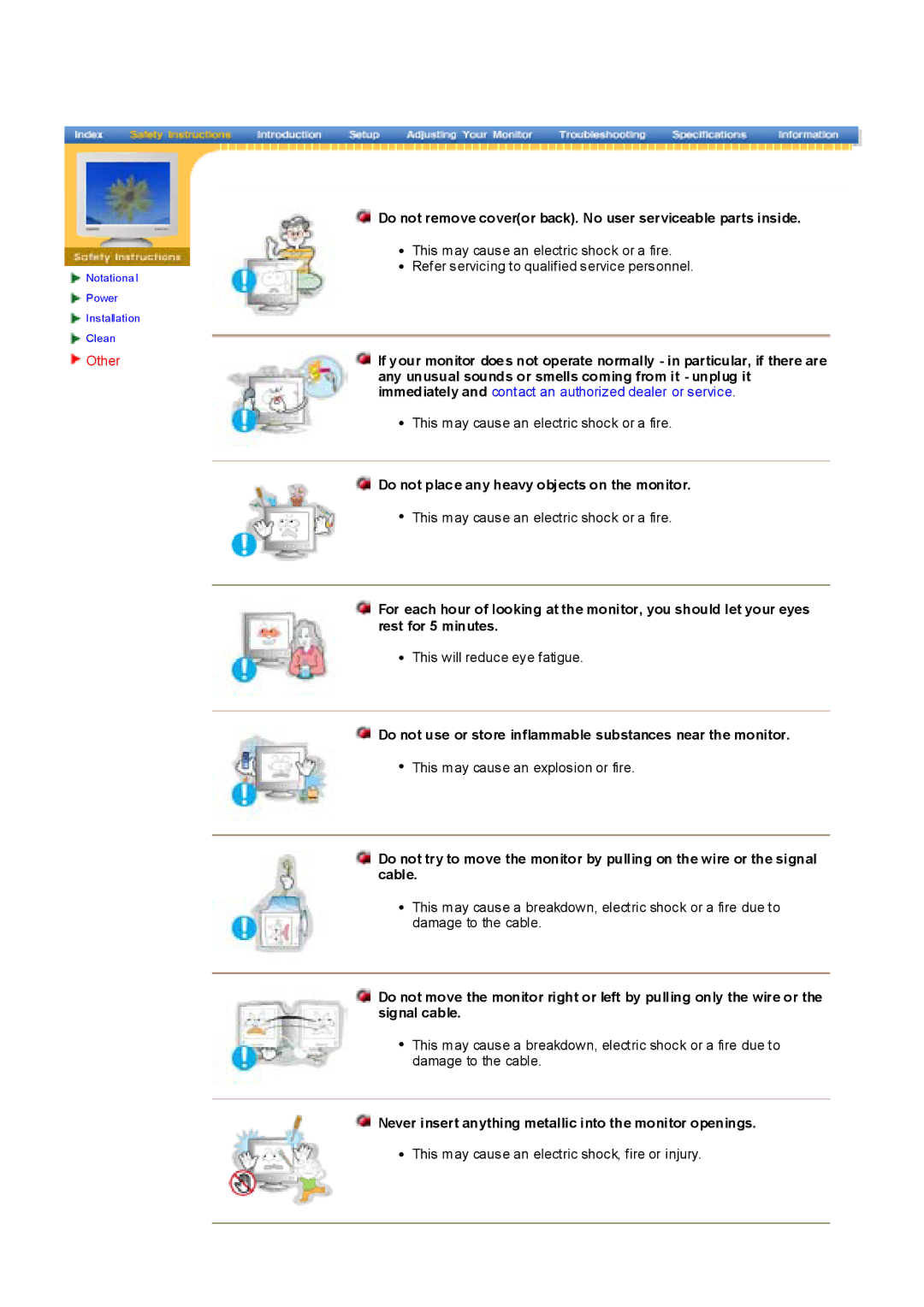 Samsung 797MB Do not place any heavy objects on the monitor, Do not use or store inflammable substances near the monitor 