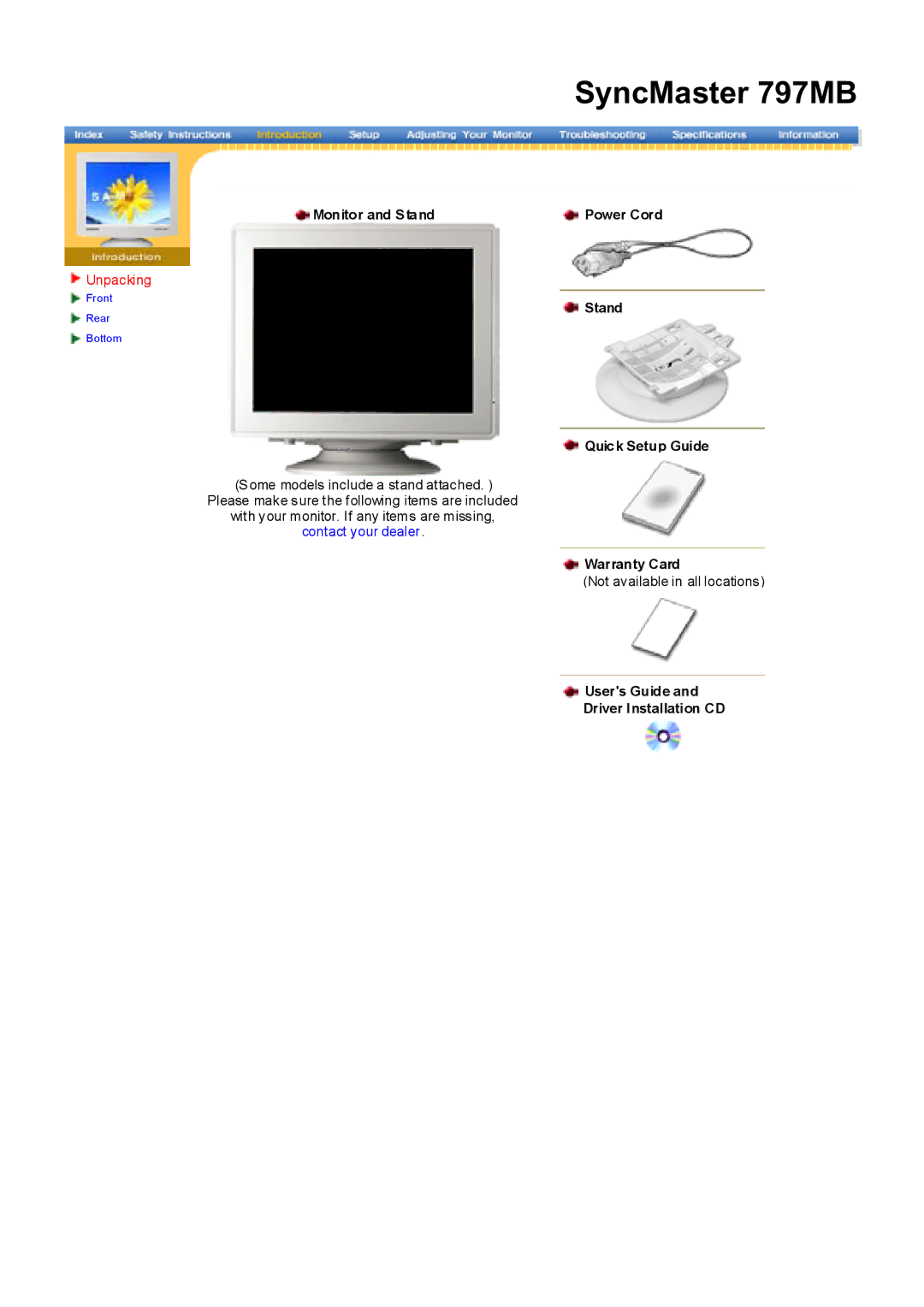 Samsung 797MB, 997MB Monitor and Stand Power Cord Quick Setup Guide, Warranty Card, Users Guide Driver Installation CD 