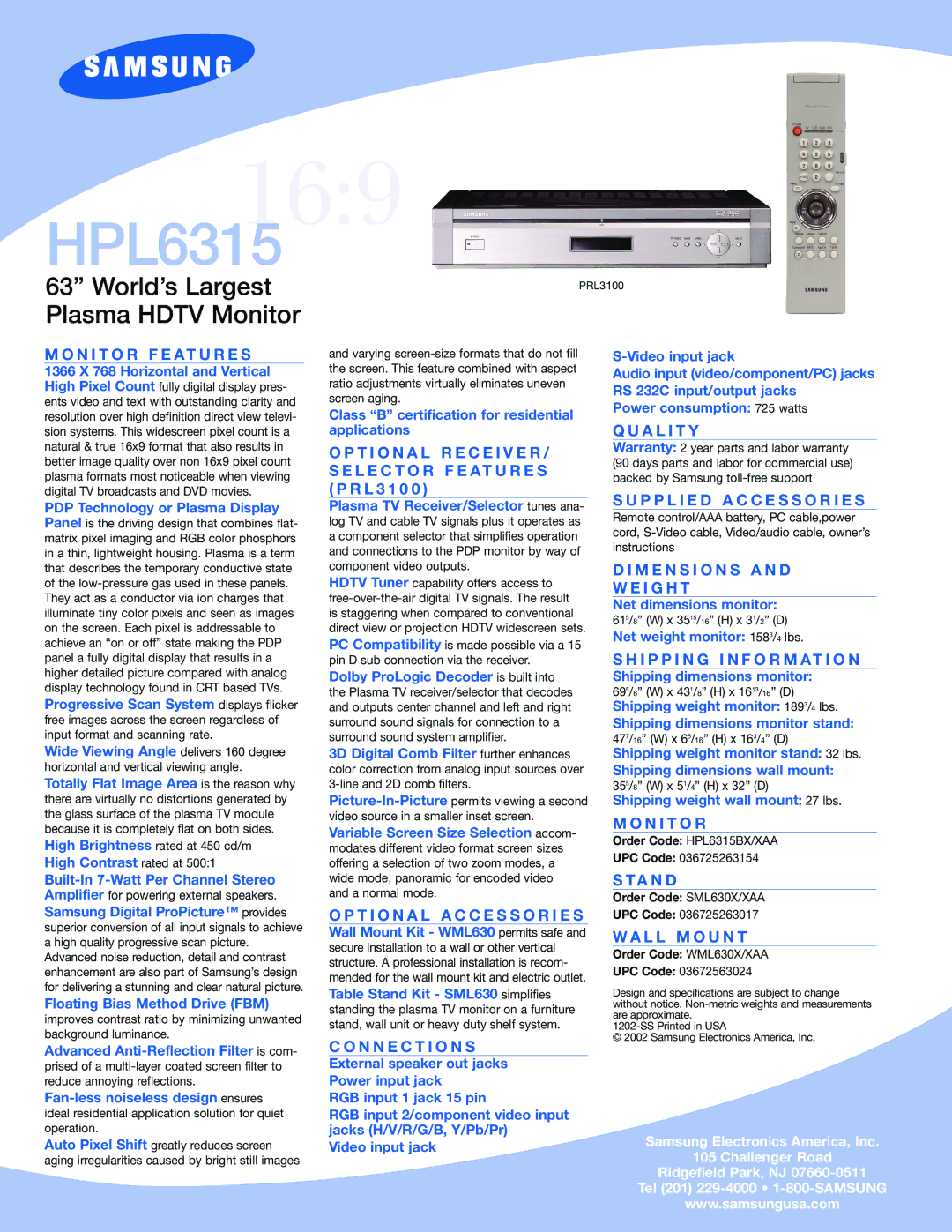 Samsung 9HPL6315 warranty N I T O R F E At U R E S, T I O N a L a C C E S S O R I E S, N N E C T I O N S, A L I T Y, Ta N D 