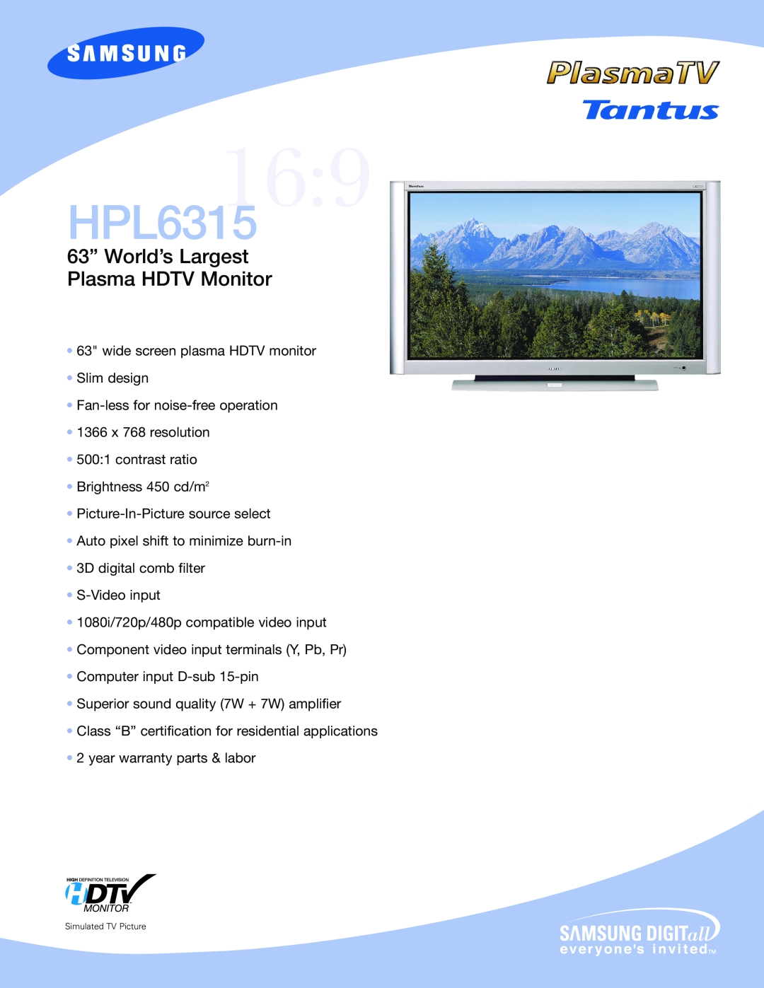 Samsung 9HPL6315 warranty 63” World’s Largest Plasma HDTV Monitor 