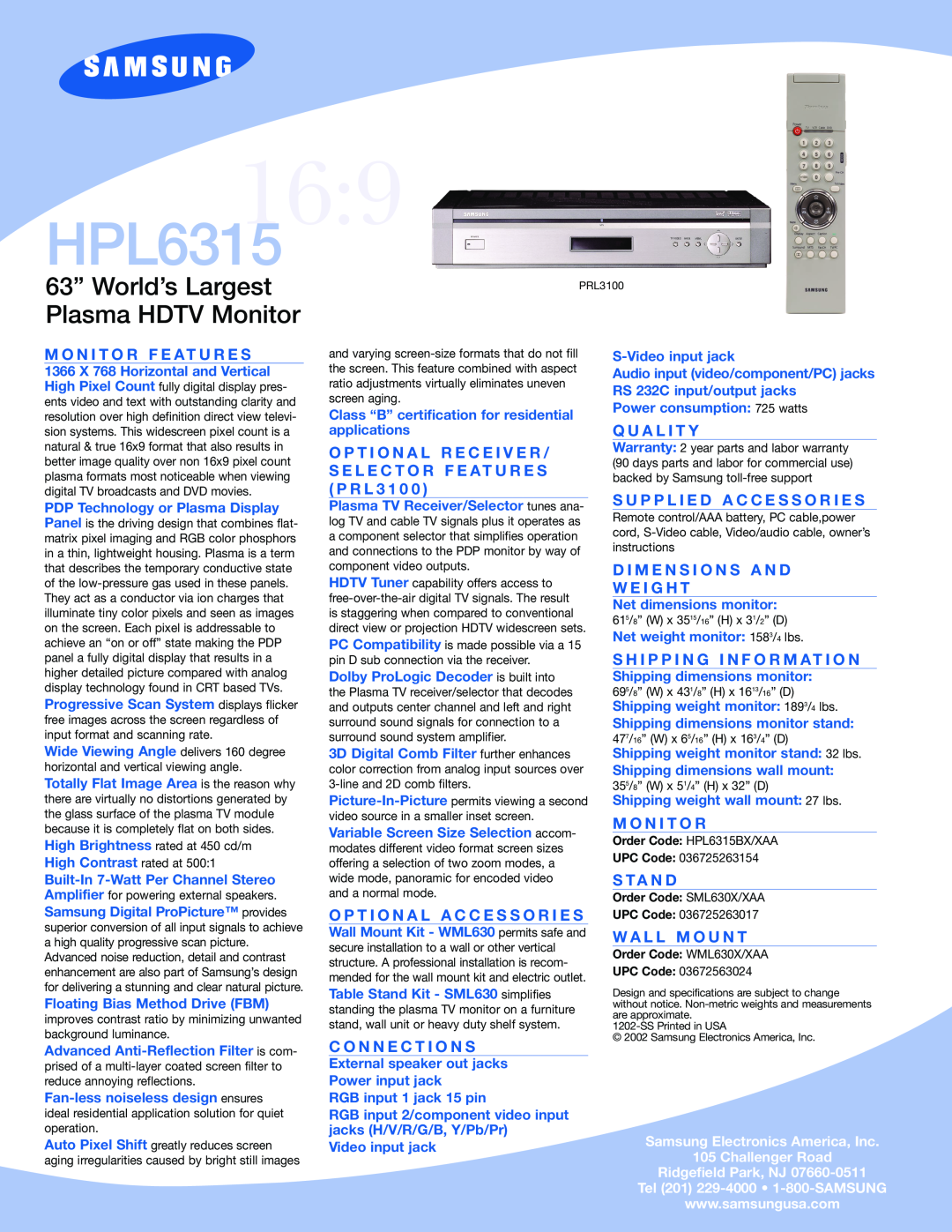 Samsung 9HPL6315 warranty 63” World’s Largest, Plasma HDTV Monitor 