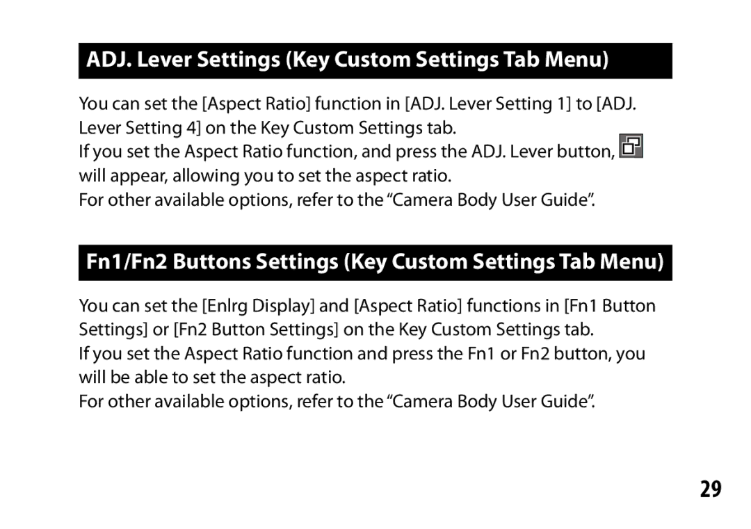 Samsung A12 ADJ. Lever Settings Key Custom Settings Tab Menu, Fn1/Fn2 Buttons Settings Key Custom Settings Tab Menu 