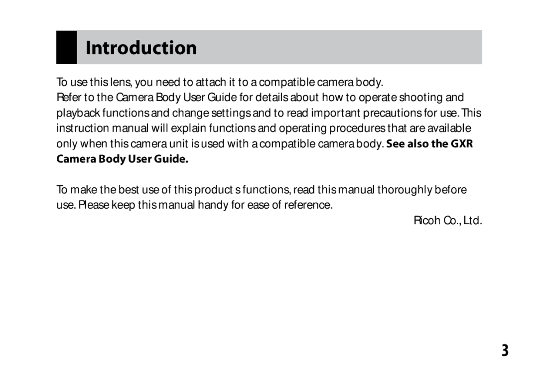 Samsung A12 instruction manual Introduction, Camera Body User Guide 