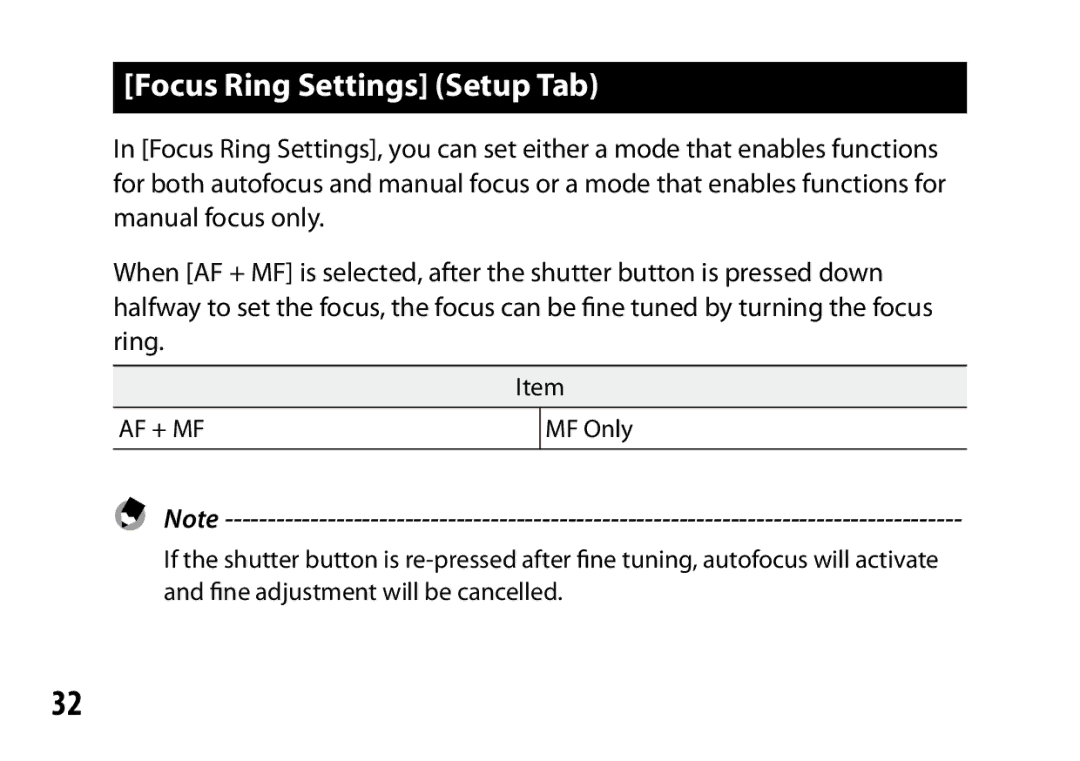 Samsung A12 instruction manual Focus Ring Settings Setup Tab, Af + Mf 