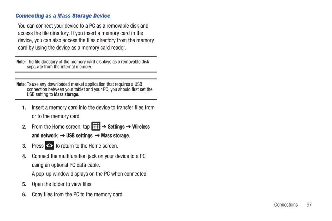 Samsung A3LSGHI987 user manual Connecting as a Mass Storage Device, Press to return to the Home screen 