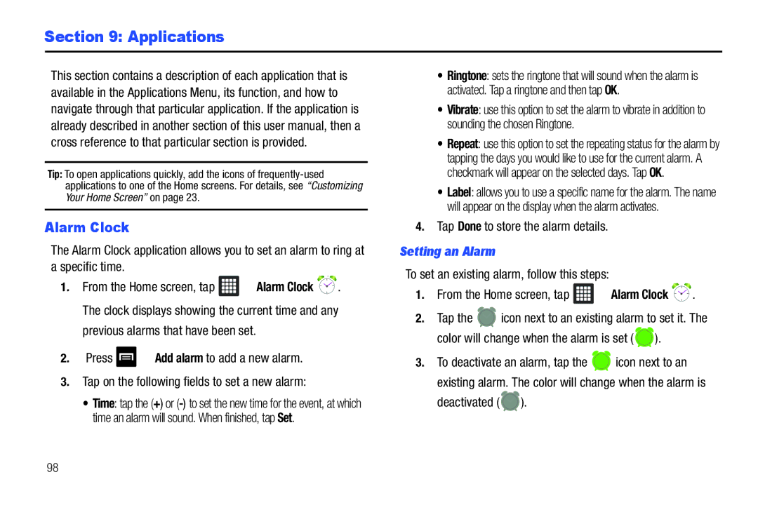 Samsung A3LSGHI987 user manual Applications, Alarm Clock, Setting an Alarm 