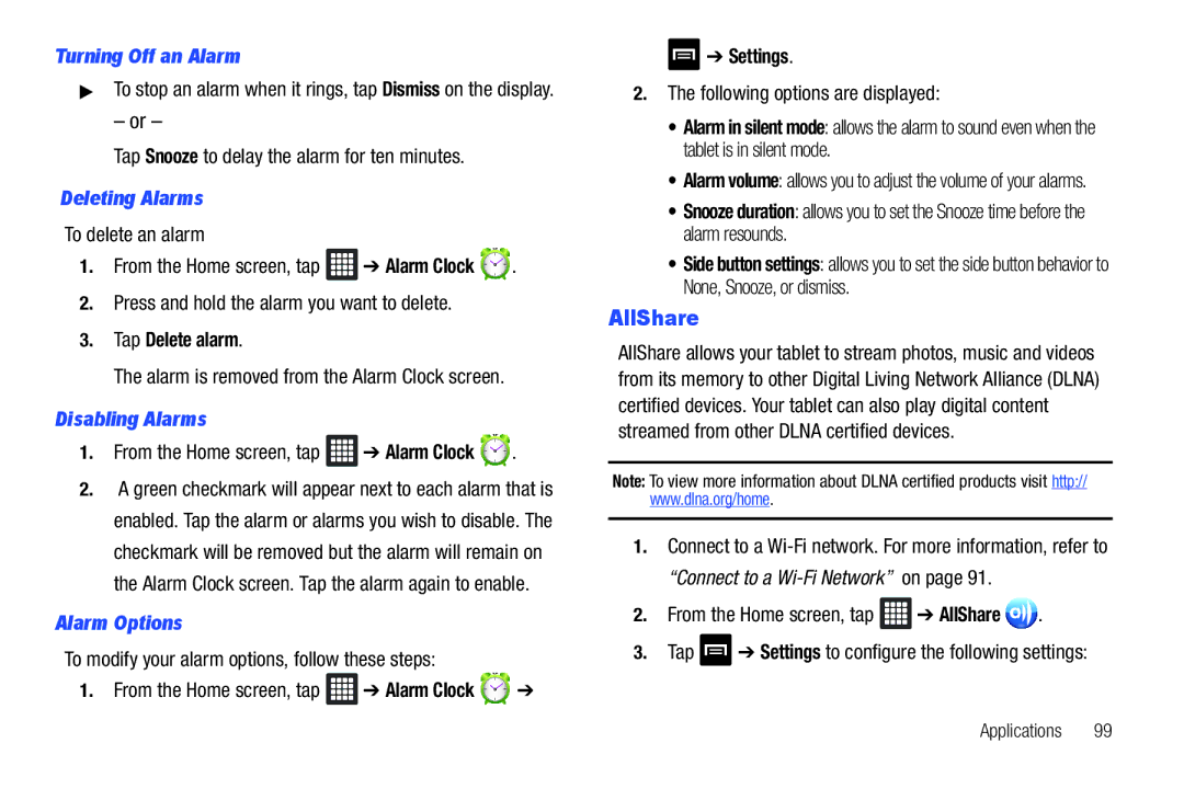 Samsung A3LSGHI987 user manual AllShare, Turning Off an Alarm, Deleting Alarms, Disabling Alarms, Alarm Options 