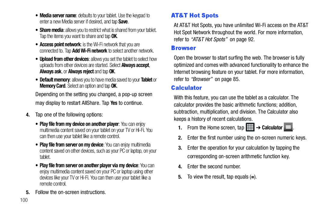 Samsung A3LSGHI987 user manual AT&T Hot Spots, From the Home screen, tap Calculator 