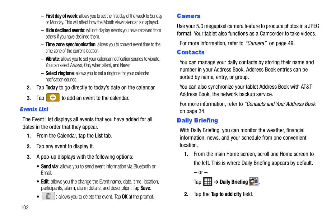 Samsung A3LSGHI987 user manual Contacts, Daily Briefing, Events List, Tap the Tap to add city field 