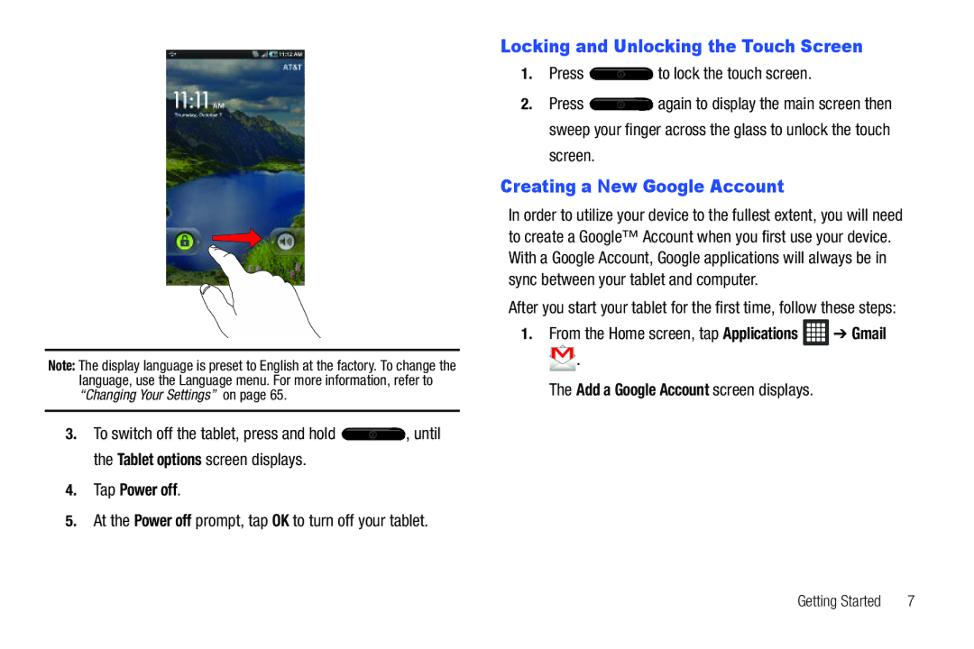 Samsung A3LSGHI987 user manual Locking and Unlocking the Touch Screen, Creating a New Google Account, Tap Power off 