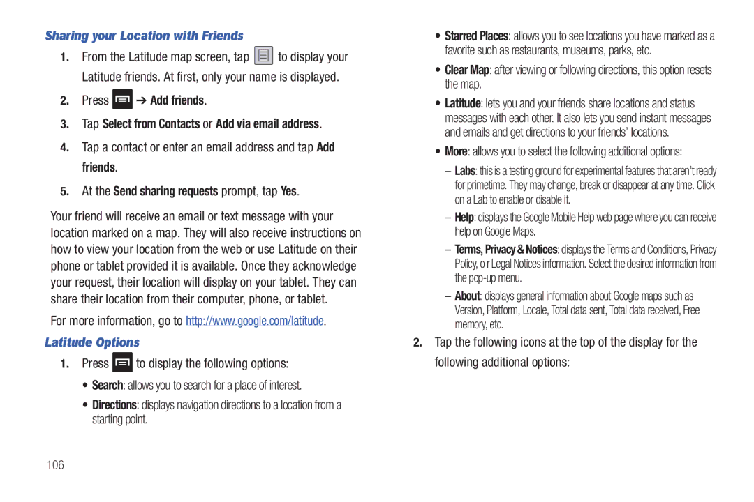 Samsung A3LSGHI987 user manual Sharing your Location with Friends, Latitude Options, 106 