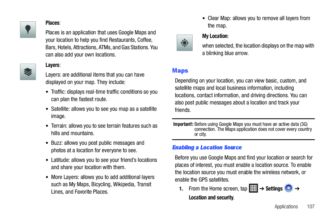 Samsung A3LSGHI987 user manual Maps, Layers, Clear Map allows you to remove all layers from the map, My Location 