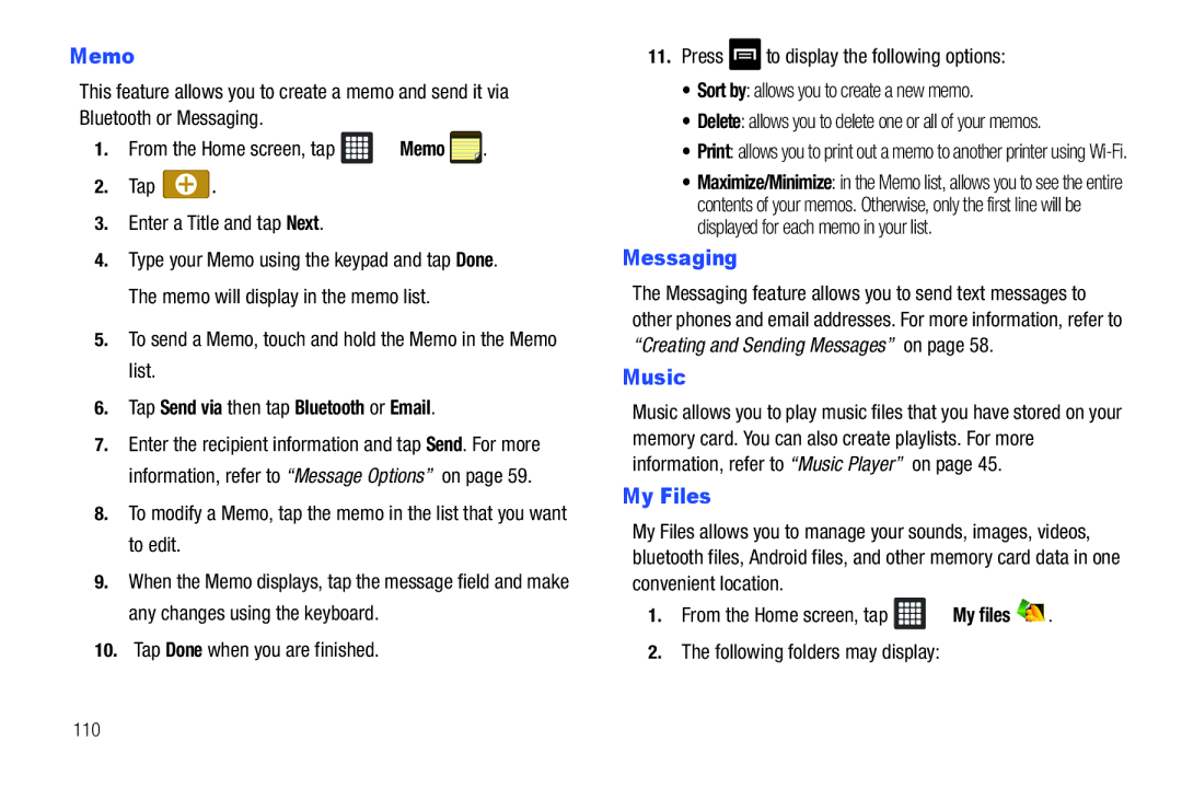 Samsung A3LSGHI987 user manual Memo, Messaging, Music, My Files, Tap Send via then tap Bluetooth or Email 