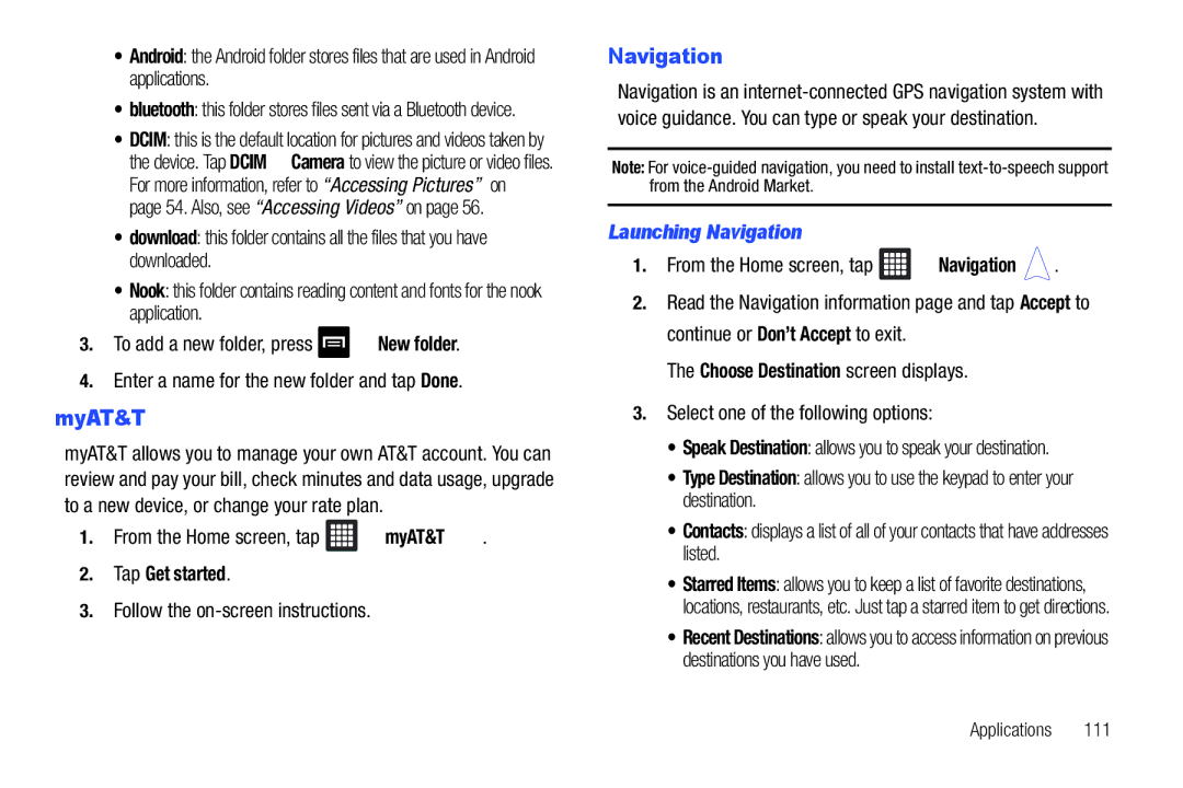 Samsung A3LSGHI987 user manual From the Home screen, tap myAT&T, Tap Get started, Launching Navigation 