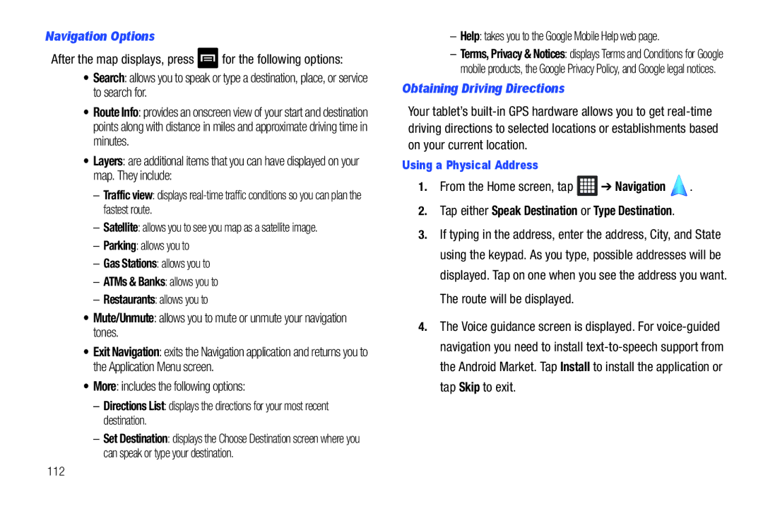 Samsung A3LSGHI987 user manual Navigation Options, More includes the following options, Obtaining Driving Directions 