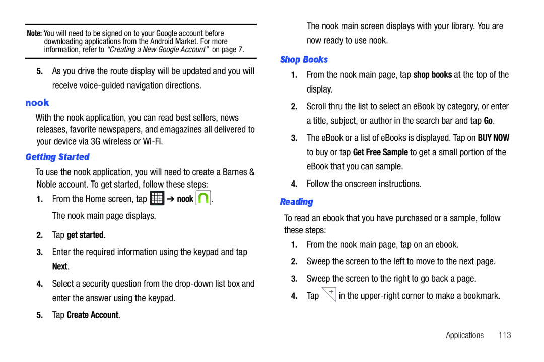 Samsung A3LSGHI987 user manual Nook, Getting Started, Tap Create Account, Shop Books, Reading 