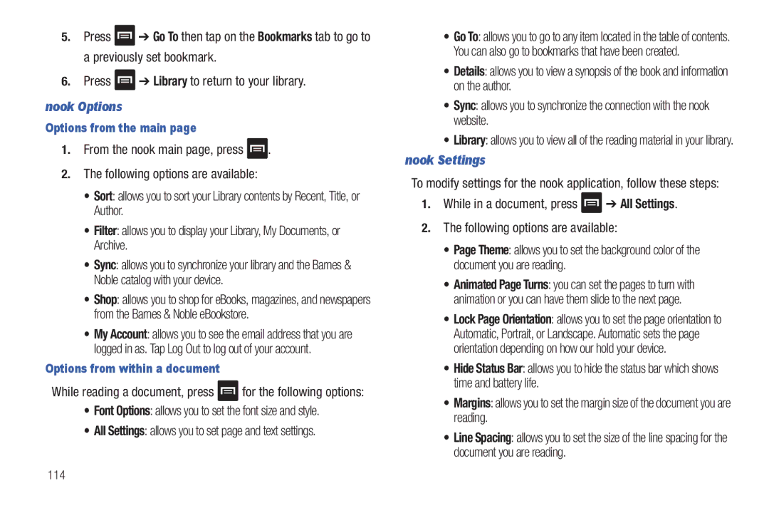 Samsung A3LSGHI987 user manual Press Library to return to your library, Nook Options 