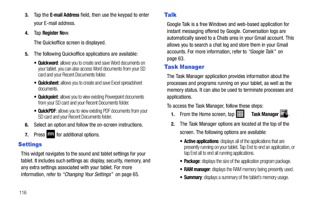 Samsung A3LSGHI987 user manual Settings, Talk, Task Manager, Tap Register Now 