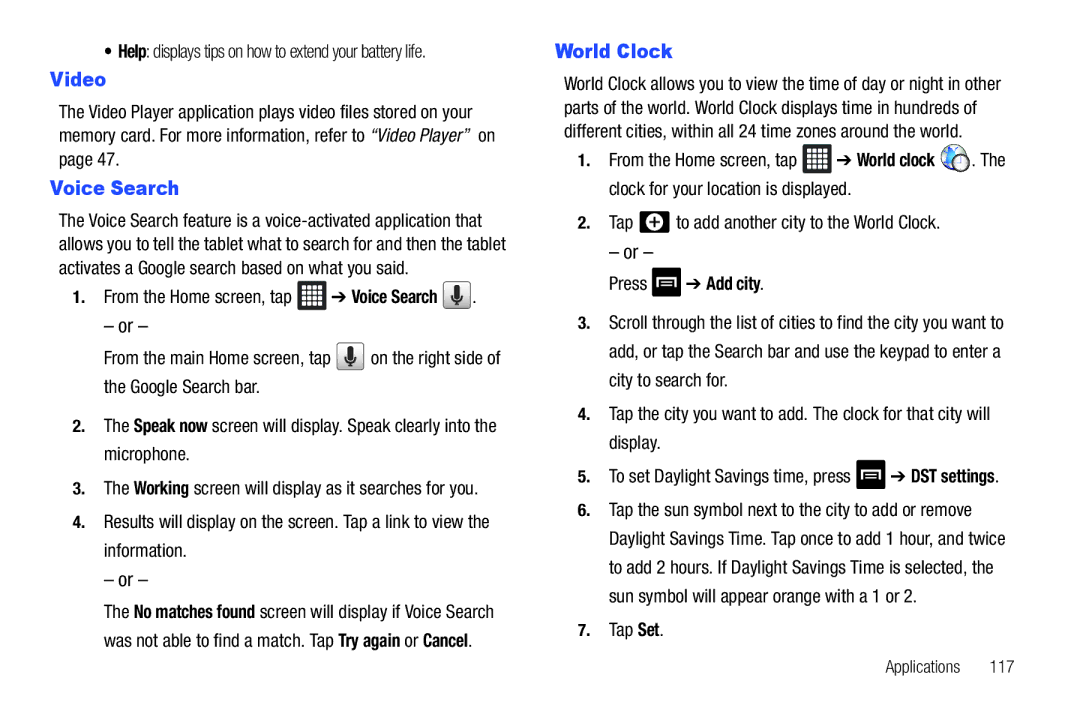 Samsung A3LSGHI987 user manual Video, Voice Search, World Clock, Press Add city 