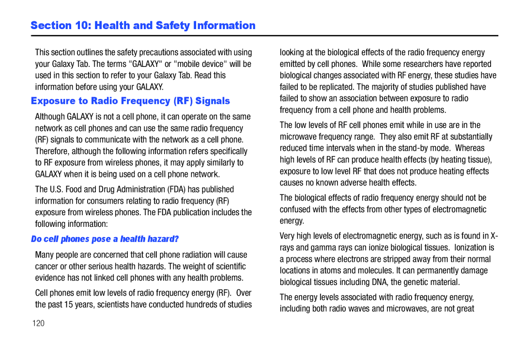 Samsung A3LSGHI987 user manual Health and Safety Information, Exposure to Radio Frequency RF Signals, 120 