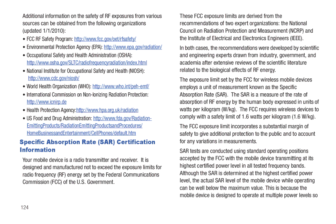 Samsung A3LSGHI987 user manual Specific Absorption Rate SAR Certification Information, 124 