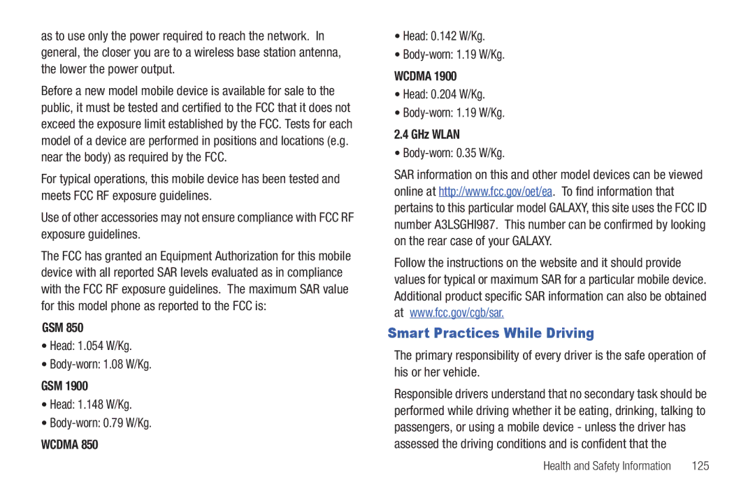 Samsung A3LSGHI987 user manual Smart Practices While Driving, Gsm, Wcdma, GHz Wlan 