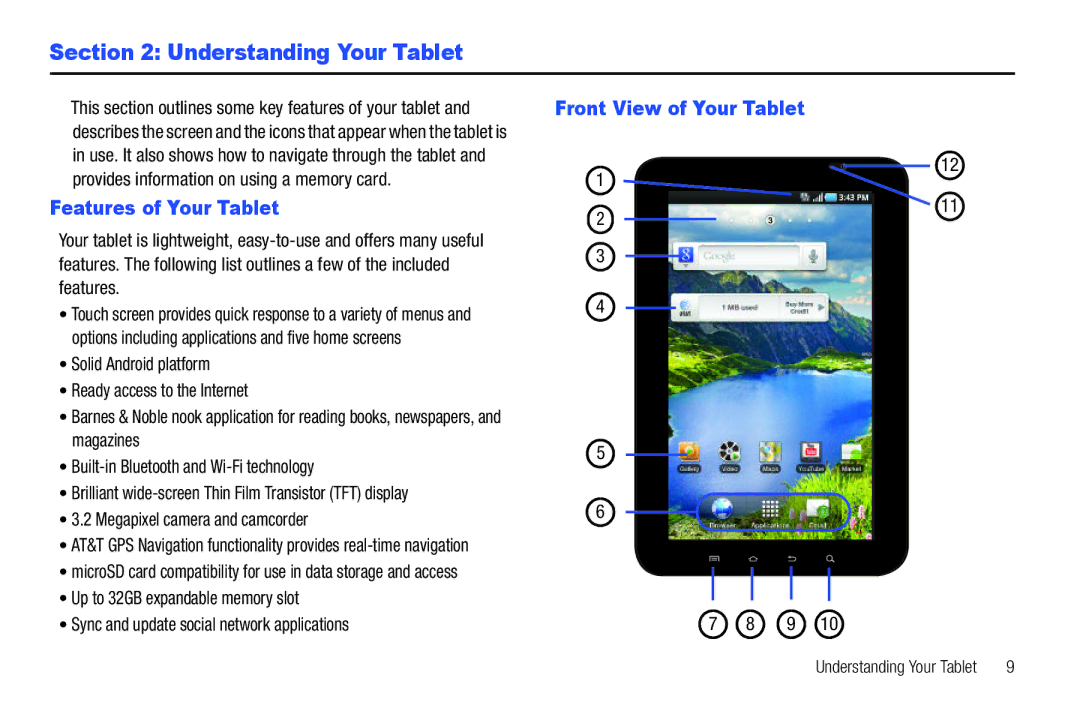 Samsung A3LSGHI987 user manual Understanding Your Tablet, Front View of Your Tablet Features of Your Tablet 