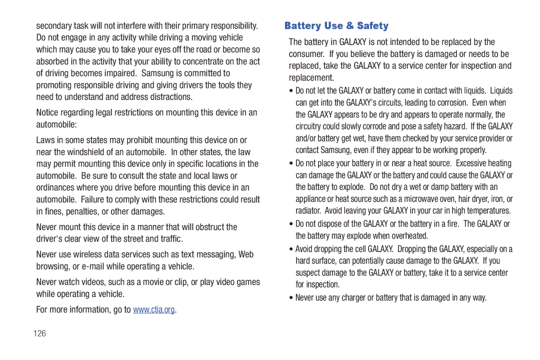 Samsung A3LSGHI987 user manual Battery Use & Safety, 126 