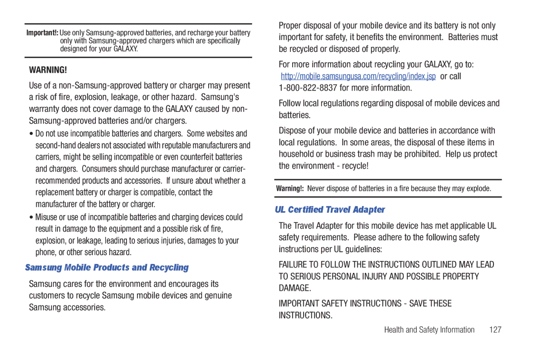 Samsung A3LSGHI987 user manual Samsung Mobile Products and Recycling, UL Certified Travel Adapter, 127 