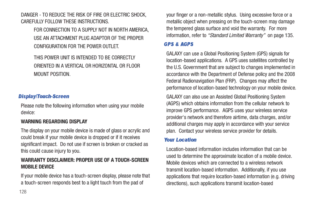 Samsung A3LSGHI987 user manual Display/Touch-Screen, Your Location, 128 