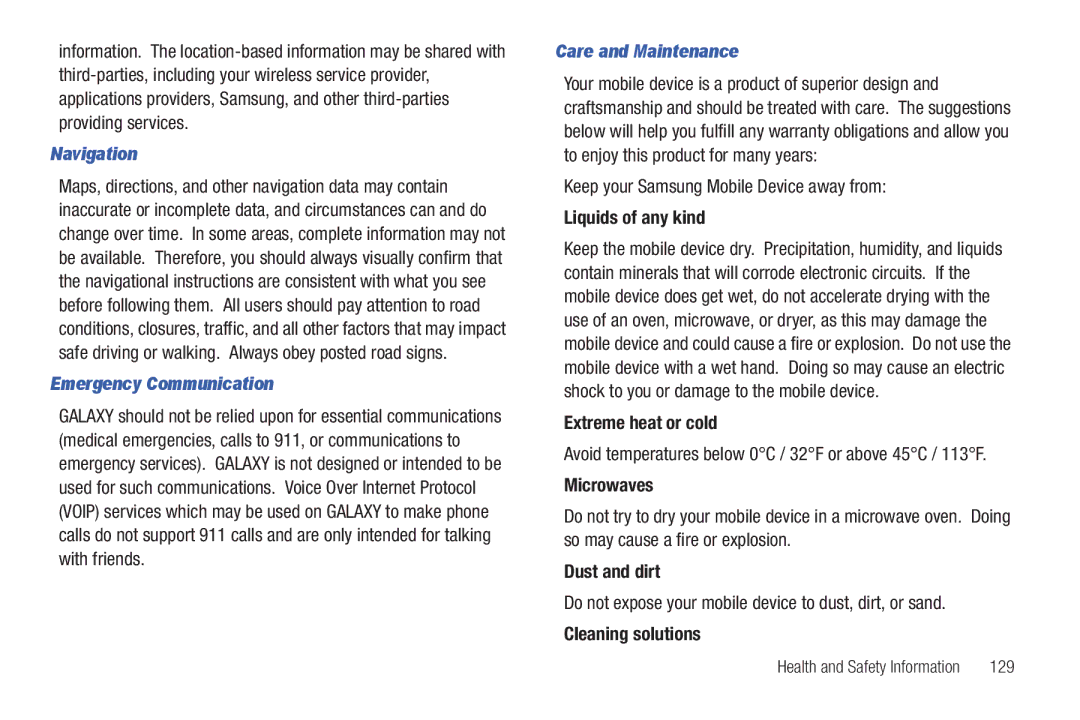 Samsung A3LSGHI987 user manual Navigation, Emergency Communication, Care and Maintenance 