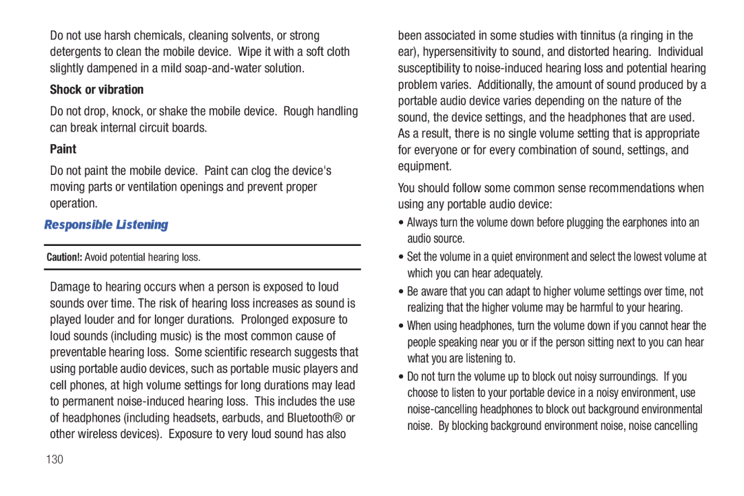 Samsung A3LSGHI987 user manual Shock or vibration, Paint, Responsible Listening, 130 