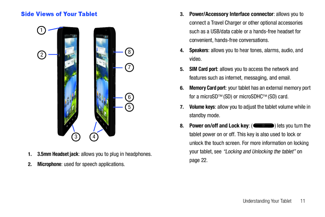 Samsung A3LSGHI987 user manual Side Views of Your Tablet, Microphone used for speech applications 