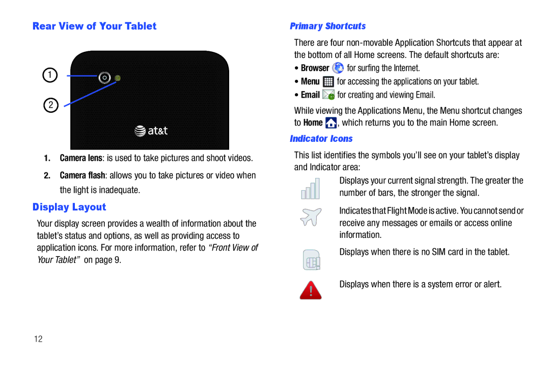 Samsung A3LSGHI987 user manual Rear View of Your Tablet, Display Layout, Primary Shortcuts, Indicator Icons 