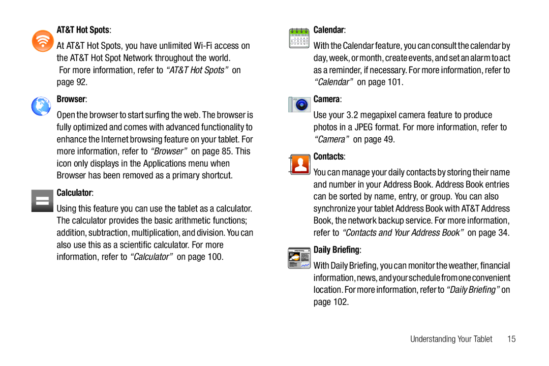 Samsung A3LSGHI987 user manual AT&T Hot Spots, Browser, Calculator, Calendar, Camera, Contacts, Daily Briefing 