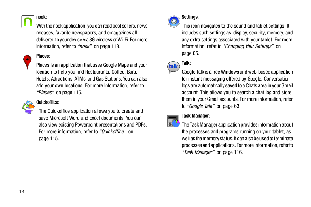 Samsung A3LSGHI987 user manual Nook, Places, Quickoffice Settings, Talk, Task Manager 