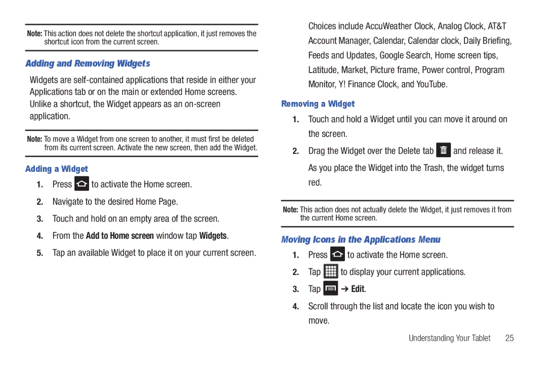 Samsung A3LSGHI987 user manual Adding and Removing Widgets, Moving Icons in the Applications Menu 